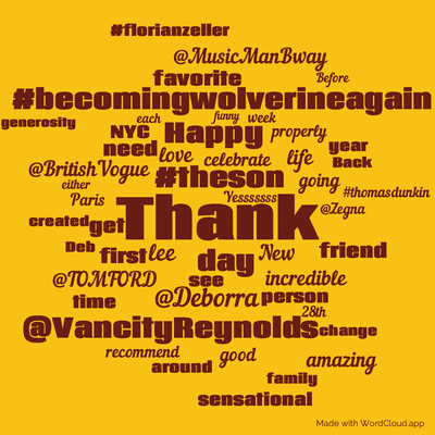 Word cloud with 50 words like Thank, #becomingwolverineagain and #theson.