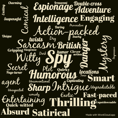 Word cloud of the book The Gun Seller by Hugh Laurie with 54 words like Spy, Humorous and Action-packed.