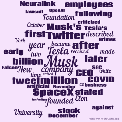 Word cloud with 50 words like Musk, Tesla and company.