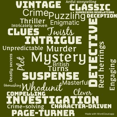 Word cloud of the book Nemesis by Agatha Christie with 33 words like Mystery, Detective and Suspense.
