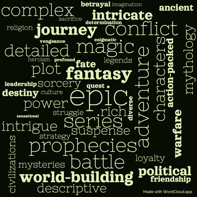 Word cloud of the book The Fires of Heaven by Robert Jordan with 49 words like epic, fantasy and series.