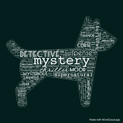 Word cloud of the book The Hound of the Baskervilles by Arthur Conan Doyle with 46 words like mystery, thriller and detective.