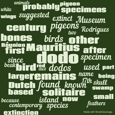 Word cloud with 50 words like dodo, dodos and Mauritius.