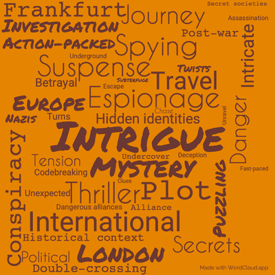 Word cloud of the book Passenger to Frankfurt by Agatha Christie with 45 words like Intrigue, Espionage and Mystery.