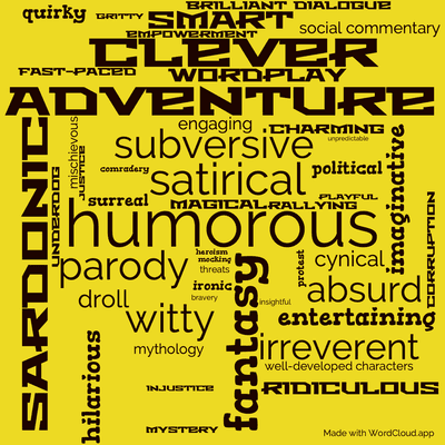 Word cloud of the book Guards Guards by Terry Pratchett with 49 words like humorous, satirical and fantasy.