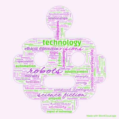 Word cloud of the book Robot Visions by Isaac Asimov with 48 words like robots, visions and technology.