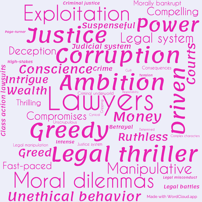 Word cloud of the book The King Of Torts with 49 words like Lawyers, Ambition and Greedy.