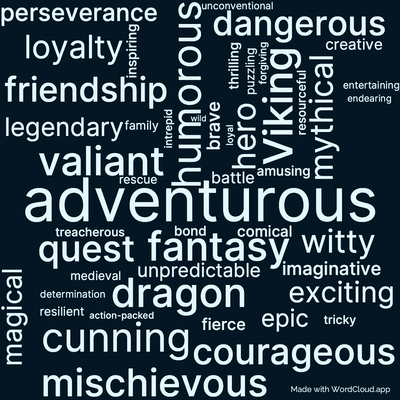 Word cloud of the book How to Break a Dragon's Heart by Cressida Cowell with 49 words like adventurous, humorous and fantasy.
