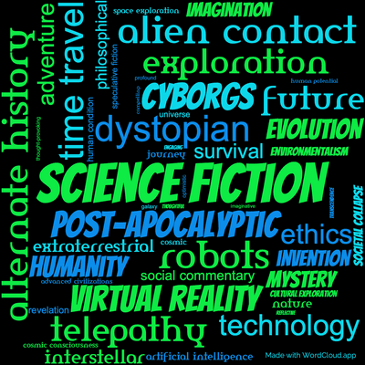 Word cloud of the book Empire with 50 words like science fiction, post-apocalyptic and dystopian.
