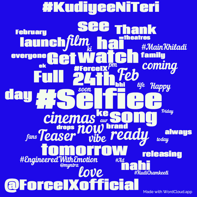 Word cloud with 50 words like #Selfiee, cinemas and 24th.