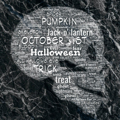 Word cloud in a Skull shape with 31 words like Halloween, October 31st and trick.