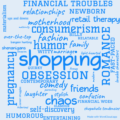 Word cloud of the book Shopaholic and Baby by Sophie Kinsella with 46 words like shopping, obsession and pregnancy.