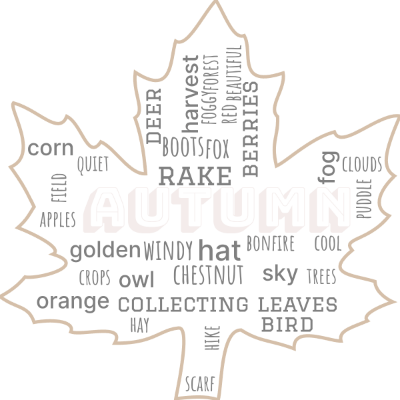 Word cloud in a Maple Leaf shape with 53 words like leaves, trees and branches.