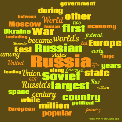 Word cloud with 50 words like Russia, Russian and Soviet.