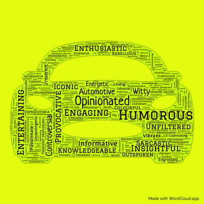 Word cloud of the book Clarkson on Cars with 47 words like Humorous, Opinionated and Entertaining.