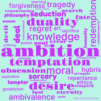 Word cloud of the book Faust by Johann Wolfgang von Goethe with 48 words like ambition, temptation and knowledge.