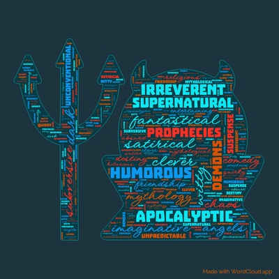 Word cloud of the book Good Omens with 30 words like Apocalyptic, humorous and satirical.