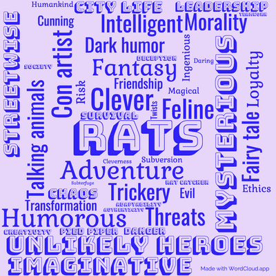 Word cloud of the book The Amazing Maurice and His Educated Rodents by Terry Pratchett with 46 words like Rats, Adventure and Clever.