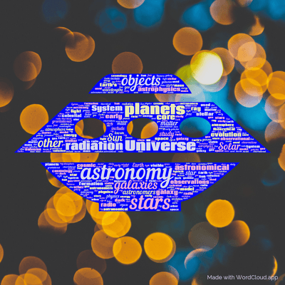Word cloud with 50 words like astronomy, stars and objects.