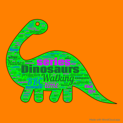 Word cloud with 50 words like Dinosaurs, Walking and series.