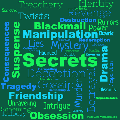 Word cloud of the book Pretty Little Liars. Wanted with 46 words like Secrets, Mystery and Deception.