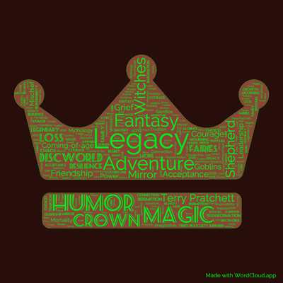 Word cloud of the book The Shepherd's Crown by Terry Pratchett with 44 words like Legacy, Magic and Adventure.