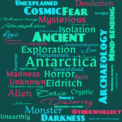 Word cloud of the book At the Mountains of Madness by H.P. Lovecraft with 47 words like Antarctica, Exploration and Horror.