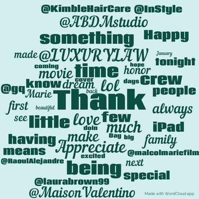 Word cloud with 50 words like Thank, lol and love.