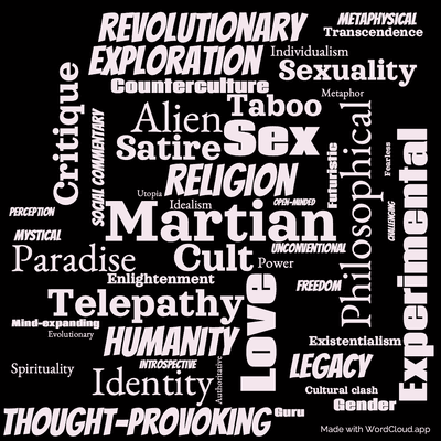 Word cloud of the book Stranger in a Strange Land with 47 words like Martian, Philosophical and Cult.