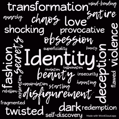 Word cloud of the book Invisible Monsters with 32 words like Identity, beauty and obsession.
