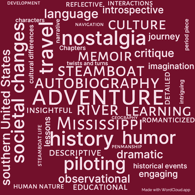 Word cloud of the book Life on the Mississippi by Mark Twain with 45 words like adventure, autobiography and river.