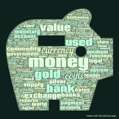 Word cloud with 50 words like money, gold and value.