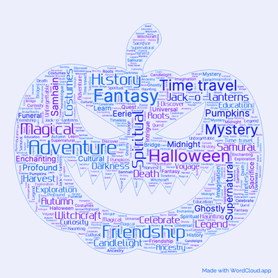 Word cloud of the book The Halloween Tree with 47 words like Adventure, Fantasy and Halloween.