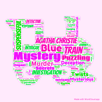 Word cloud of the book The Mystery of the Blue Train by Agatha Christie with 48 words like Mystery, Blue and Train.