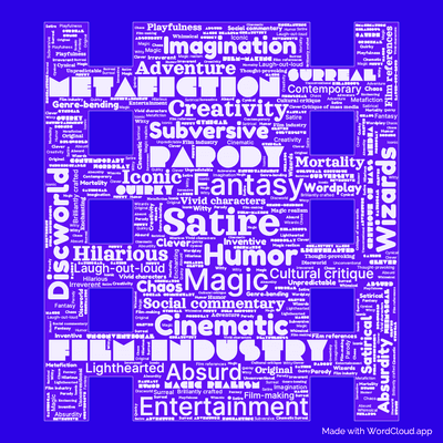 Word cloud of the book Moving pictures by Terry Pratchett with 49 words like Satire, Fantasy and Humor.