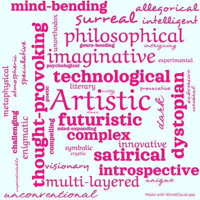 Word cloud of the book State of the Art by Iain Banks with 42 words like Artistic, thought-provoking and futuristic.