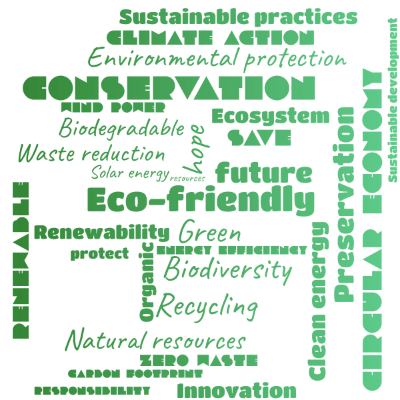 Word cloud with 31 words like Renewability, Eco-friendly and Green.