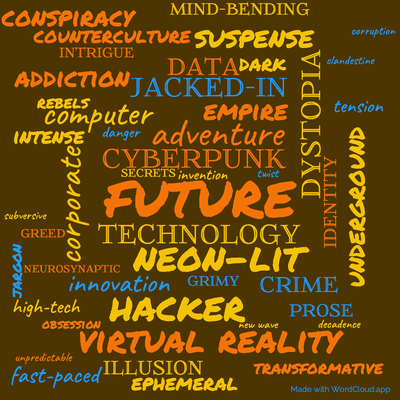 Word cloud of the book Burning Chrome by William Gibson with 48 words like future, cyberpunk and technology.