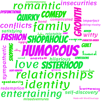 Word cloud of the book Shopaholic and Sister by Sophie Kinsella with 48 words like humorous, shopaholic and sisterhood.