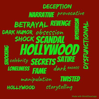 Word cloud of the book Tell-All with 24 words like Hollywood, scandal and secrets.