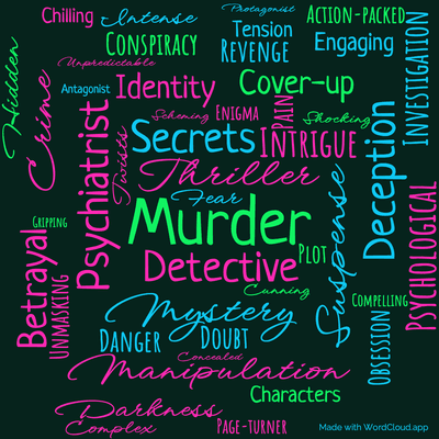 Word cloud of the book The Naked Face with 46 words like Murder , Psychiatrist and Suspense .