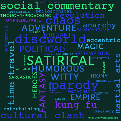 Word cloud of the book Interesting Times by Terry Pratchett with 47 words like satirical, humorous and fantasy.