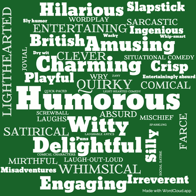 Word cloud of the book Plum Pie with 47 words like Humorous, Quirky and Witty.