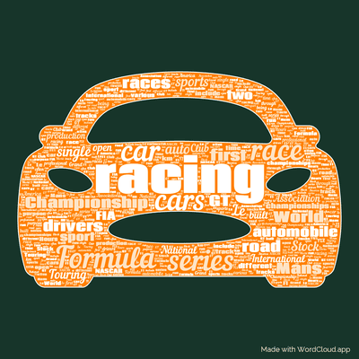 Word cloud with 50 words like racing, series and car.