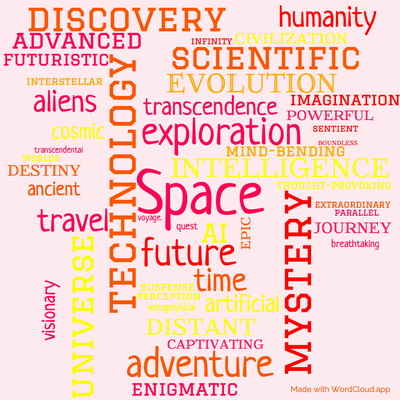 Word cloud of the book 3001 The Final Odyssey by Arthur C. Clarke with 48 words like Space, future and technology.