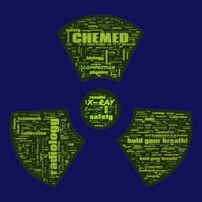 Word cloud in a Radiation shape with 24 words like CHEMED, radiology and x-ray.