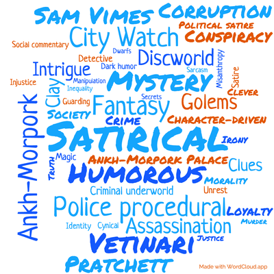 Word cloud of the book Feet of Clay by Terry Pratchett with 47 words like Satirical, Humorous and Fantasy.
