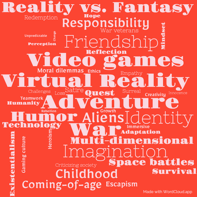 Word cloud of the book Only You Can Save Mankind by Terry Pratchett with 46 words like Adventure, Virtual Reality and Aliens.