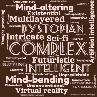 Word cloud of the book Feersum Endjinn by Iain Banks with 46 words like Complex, Sci-fi and Futuristic.