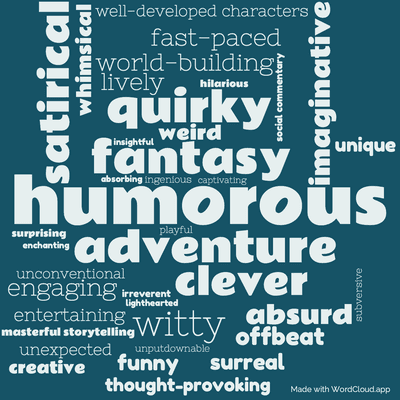 Word cloud of the book Truckers Bromeliad by Terry Pratchett with 39 words like humorous, fantasy and adventure.